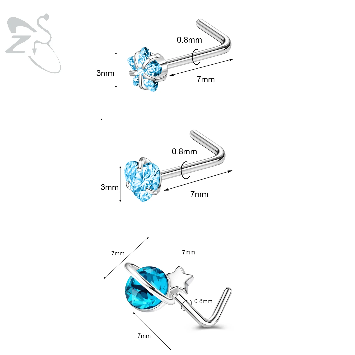 3pcs Stainless Steel Nose Stud Set with Crystals