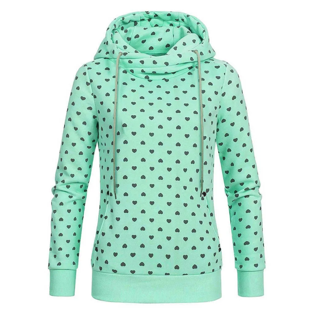 Heart Print Hoodies Woman Spring Fall Pullover Mint Green Sweatshirts Long Sleeve Cotton Pullover Hoodie