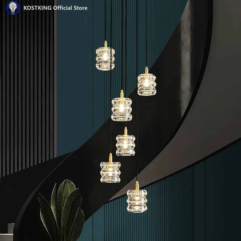 Copper Staircase Long Chandelier Light Luxury Crystal Lamp Villa Duplex Living Room Lamp Rotating Dining Room Lamp