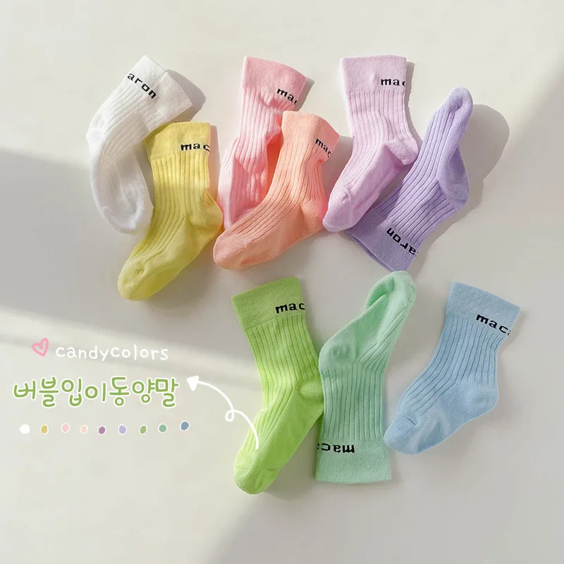 3 Pairs Spring Candy Color Socks Kids Soft Solid With Letters For Little Girls And Boys Child Baby Infant Cotton Sock