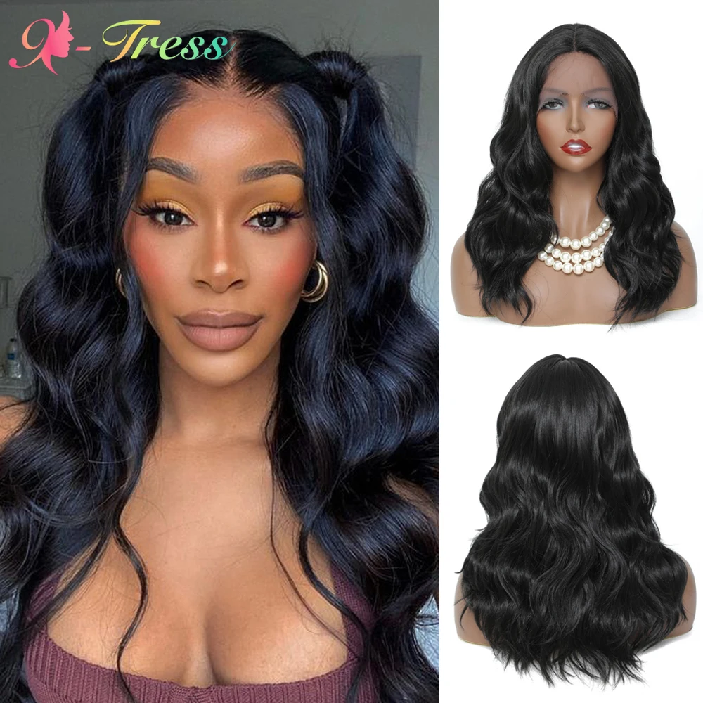 X-TRESS Synthetic Lace Front Wigs Natural Color Body Wavy Heat Resistant Fiber 18 Inches Middle Part Lace Wigs for Black Women