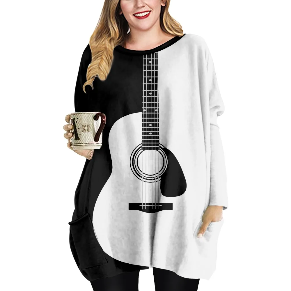 Guitarra impressão retalhos imprimir solto estilo casual senhoras camiseta duplo bolso vestido em torno do pescoço manga comprida vestido-