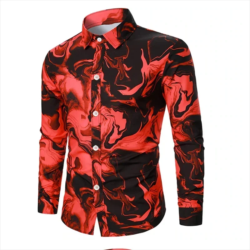 2024 New Spring/Summer Autumn Fashion 3D Digital Printing Smoke Button Shirt Men's Casual Long Sleeve Shirt Collar Top Street Pa