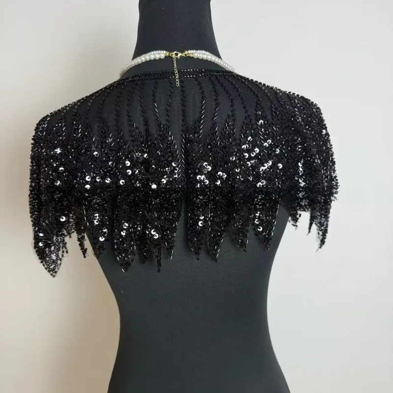 레트로 스타일 볼룸 이브닝 가운 액세서리 스팽글 숄 스팽글 비즈 자수 어깨에 걸치는 드레이프