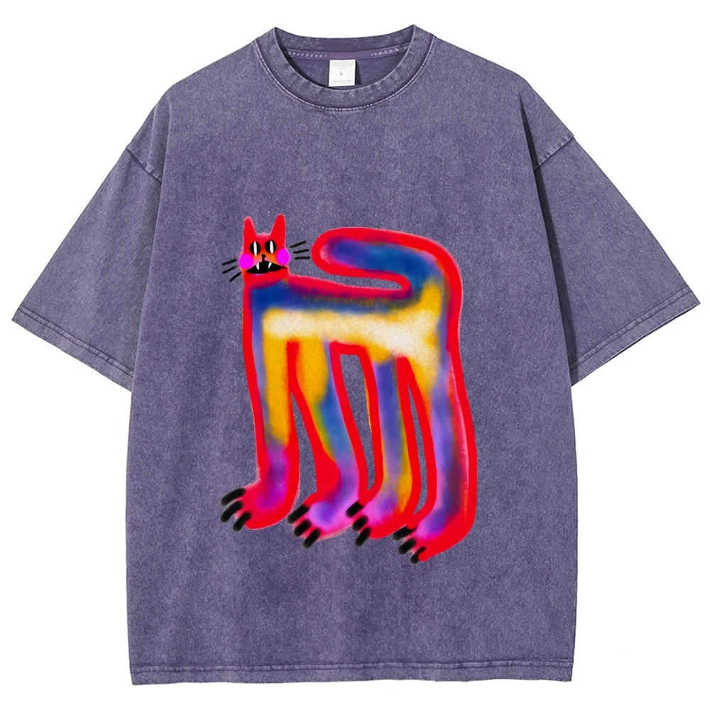 y2k Funny Cat print T-shirt Heavy weight Washed 100% Pure Cotton Retro T-shirts Pink/Purple/Khaki Fashion Women Tops Clothes