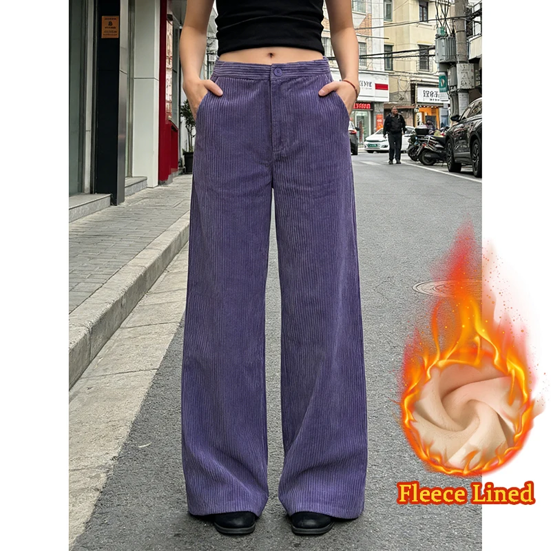 PBAP Warm Winter Women Fleece Lined Corduroy Trousers Striped Wide Leg High Waist Plain Thermal Pants Casual Vintage Clothes