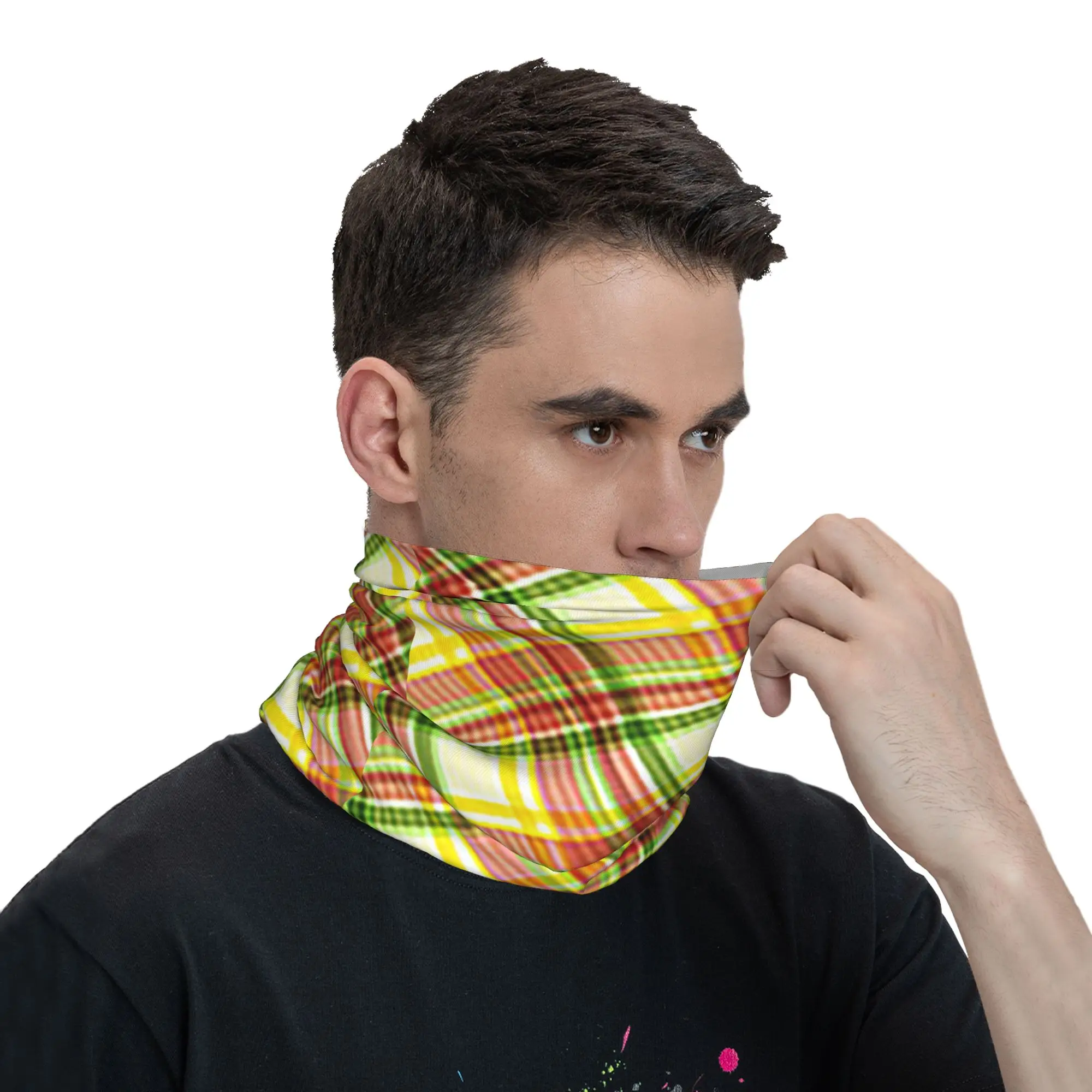 Yellow And Green Plaid Design Bandana Neck Cover Printed Mask Scarf Warm Face Mask Hiking Fishing For Men Women Adult view 5