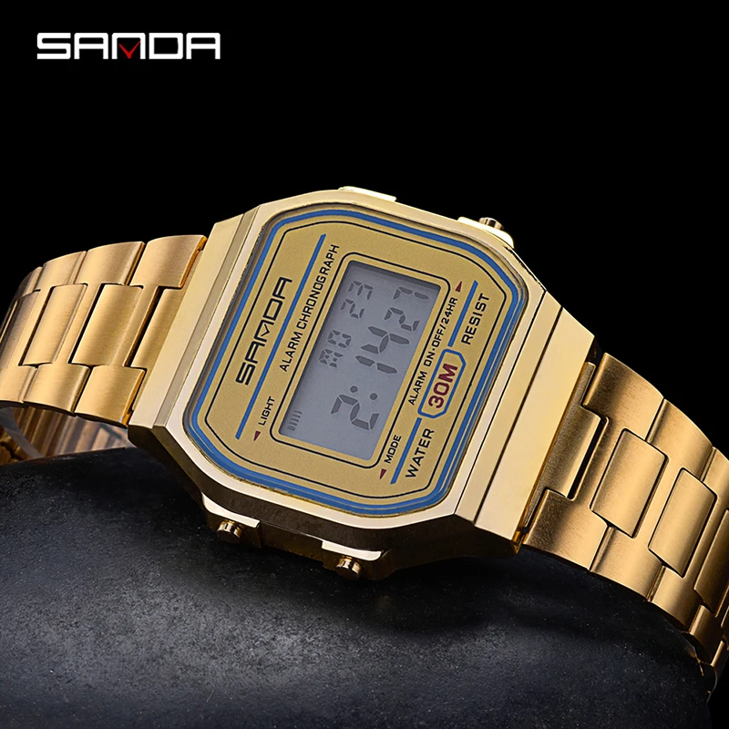 SANDA Multifunctional Women Electronic Watch Waterproof Luxury Gold Strap Luminous Digital Display Fashion Womens Quartz Watches