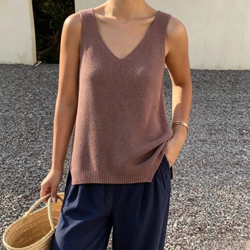 New Summer  Women's Vintage Chic Solid Sleeveless Blouse Casual Slim Fit Knit Vest O Neck Tank Elegant Office Lady Thin Tops