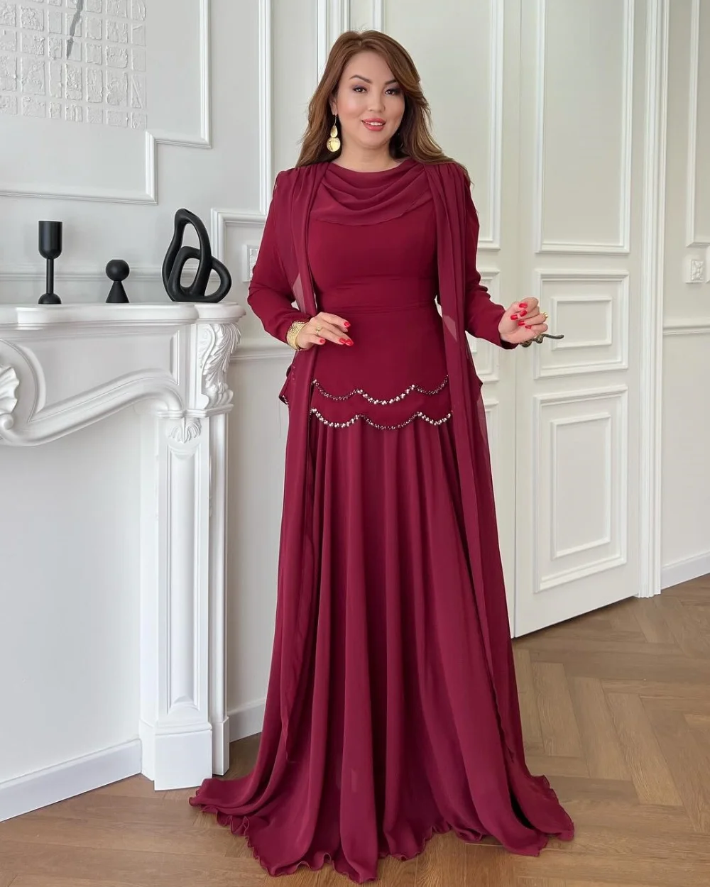 

Customized Classic Jersey Pleat Sequined A-line O-Neck Long Dresses Bespoke Occasion Evening Simple Fashion Formal