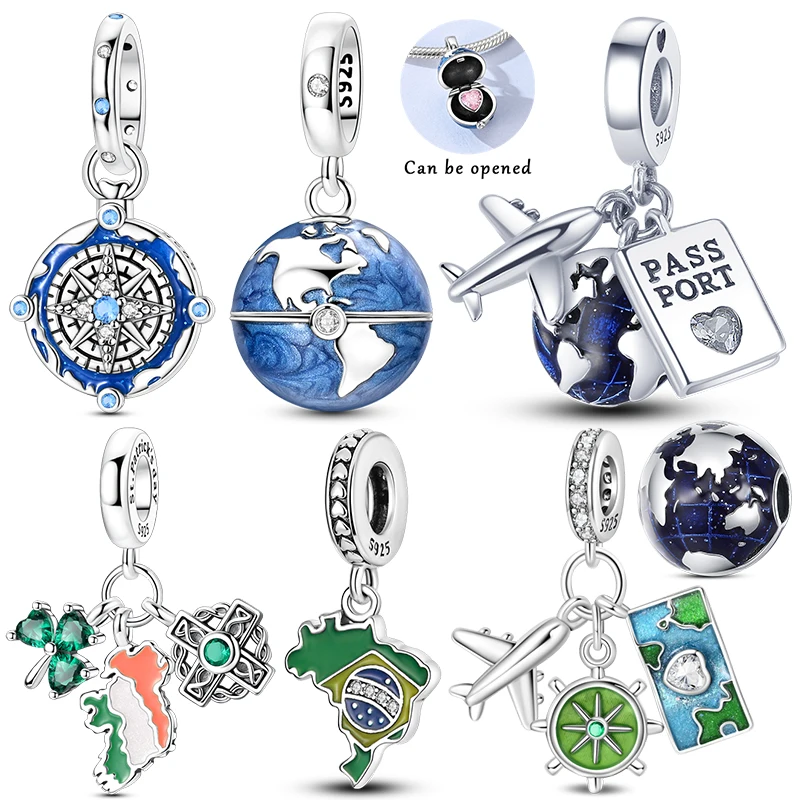 Openable Earth World Map 925 Sterling Silver Pendant Charm Beads Fits 3mm Bracelets Bangle Necklace For Women Luxury DIY Jewelry