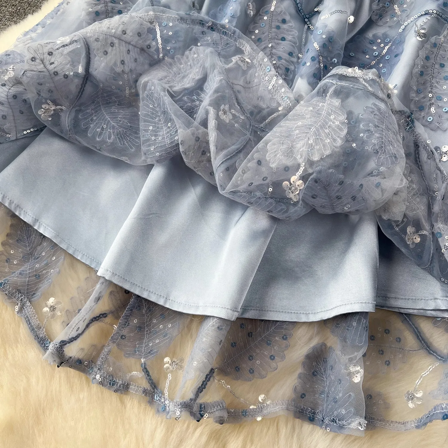 Summer Fashion Luxious Sequins Embroidery Mesh Dress Women's O-Neck Short Sleeve Sashes Slim A-line Elegant Party Vestidos 7054