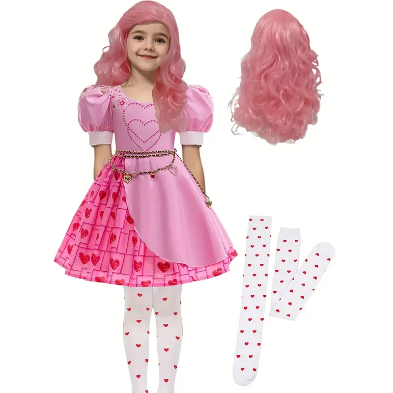 

Movie Rise Red Costume Girls Bridget Pink Heart Print Princess Dress With Gem Sashes For Halloween Valentine Carnival Birthday