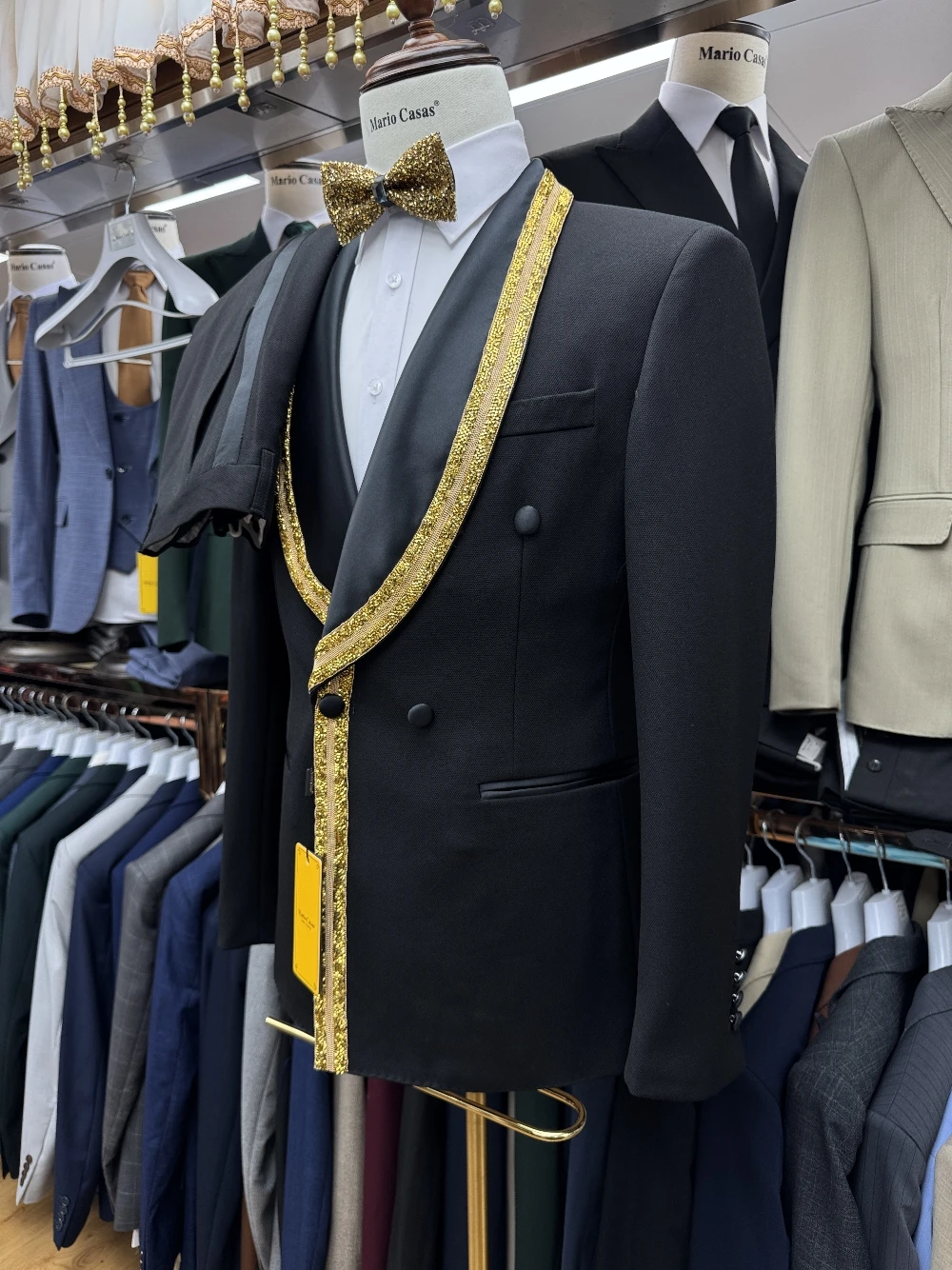 Celebrity Double Breasted Men's Suit, Golden Details Wedding Groom Wear, Jacket Pants 2-pieces Party Set For Man, Formal Banquet