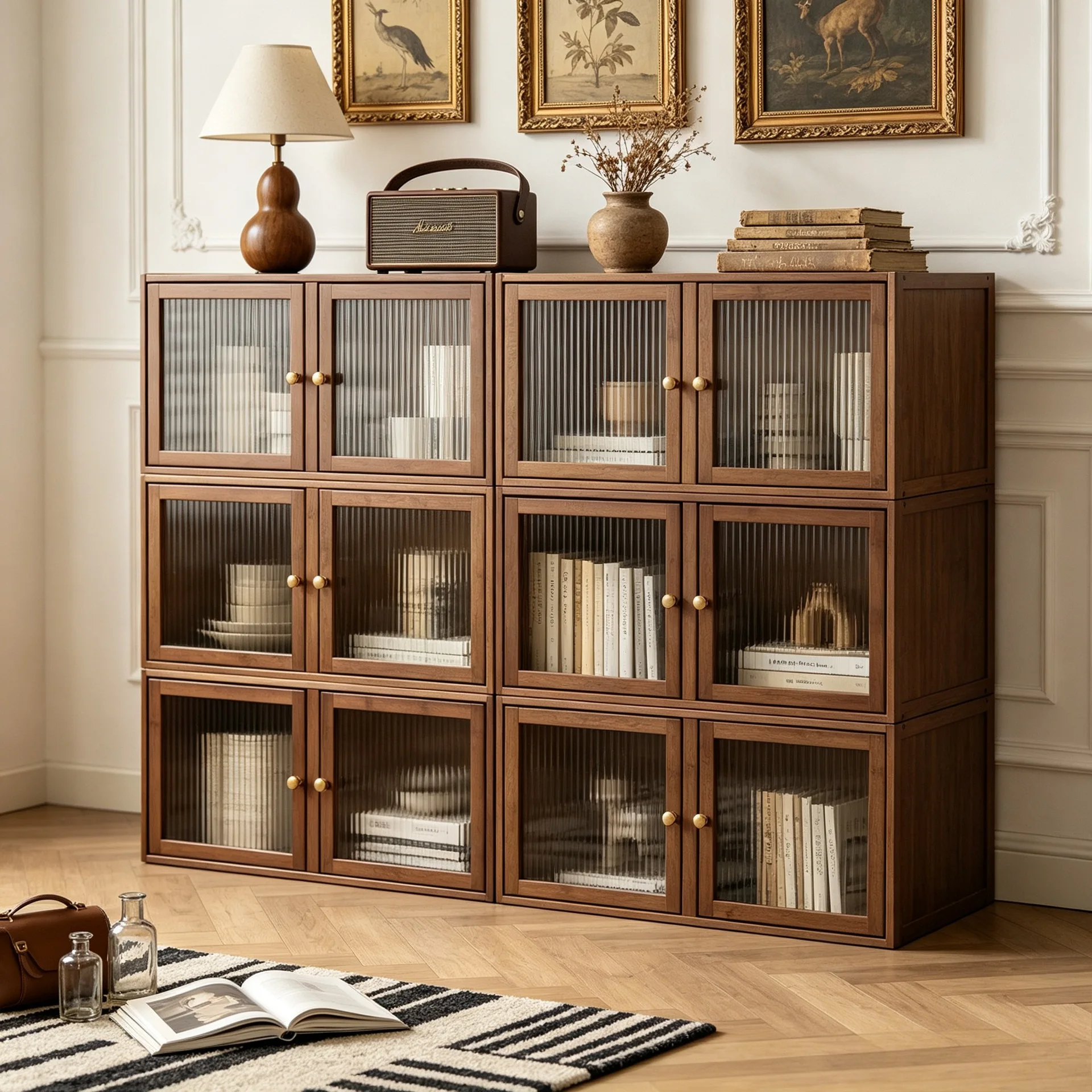 Retro style double door stacked cabinet, living room storage cabinet combination, bucket cabinet, side cabinet, bookshelf