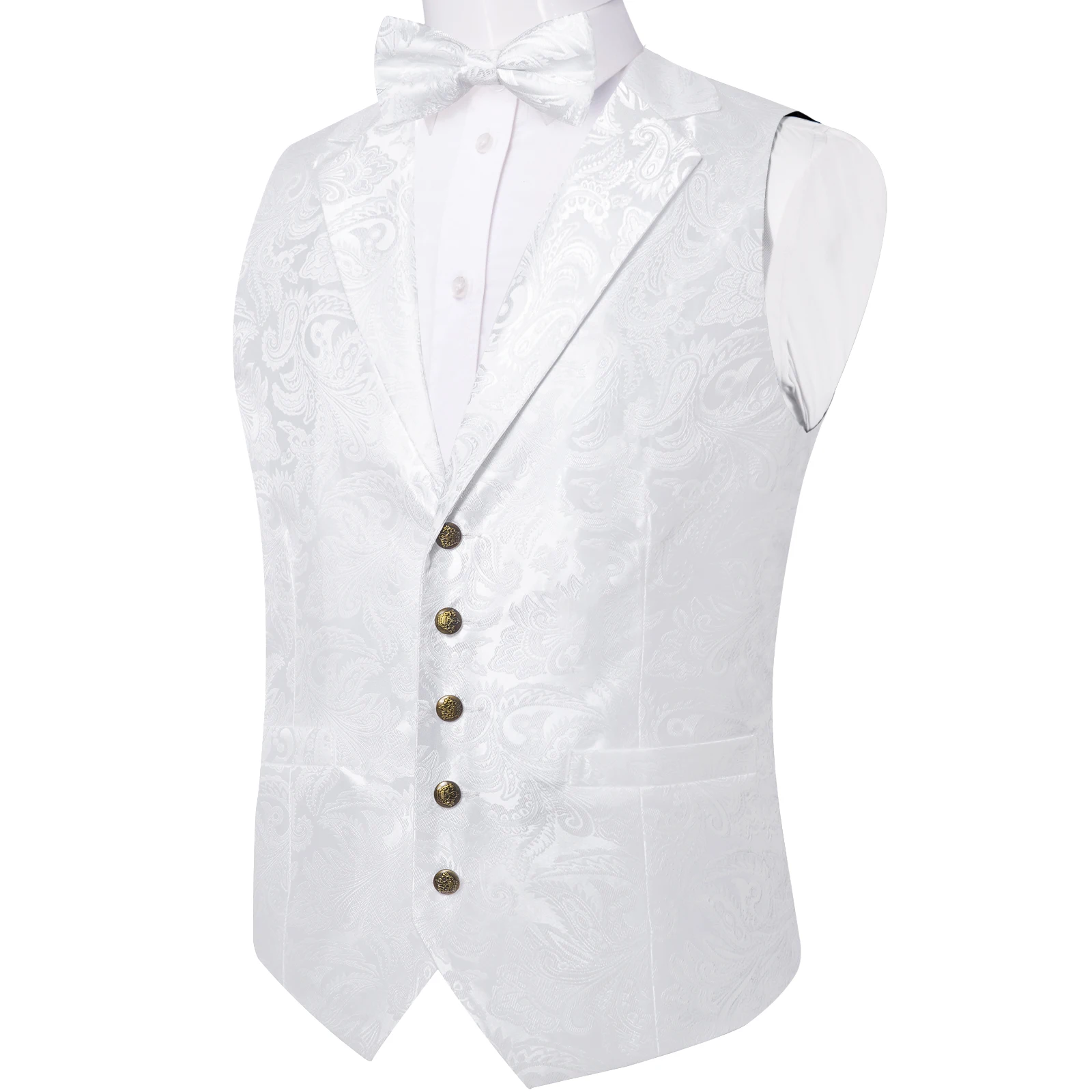 Chaleco de boda blanco puro para hombre, corbata de lazo sólida de lujo, gemelos cuadrados de bolsillo sin mangas, chaleco de negocios de otoño e
