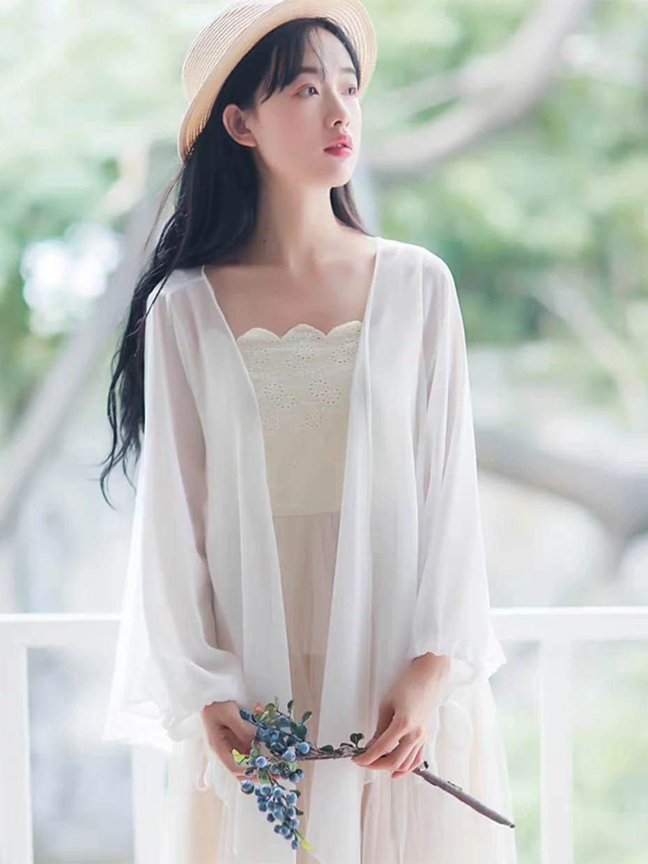 

White Sheer Cardigan Women's Summer Thin Sun Protection Shirt with Strap Dress Outerwear Shawl Top Casual Loose Fit Long Sleeve
