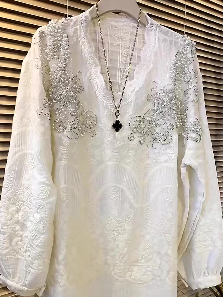 6xl camicia oversize 2023 primavera nuovo ricamo camicetta di pizzo bianco con perline donna stile coreano allentato scollo a v manica lunga Blusas