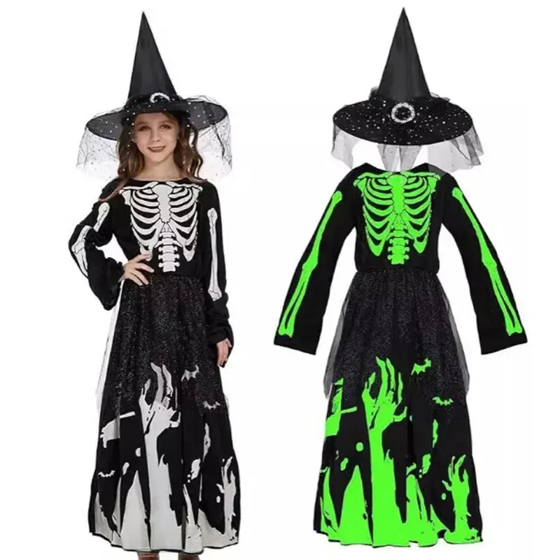 

Halloween Witch Ghost Costume Reaper Set Luminous Clothing with Hat Girls Carnival Theme Party Dress Up