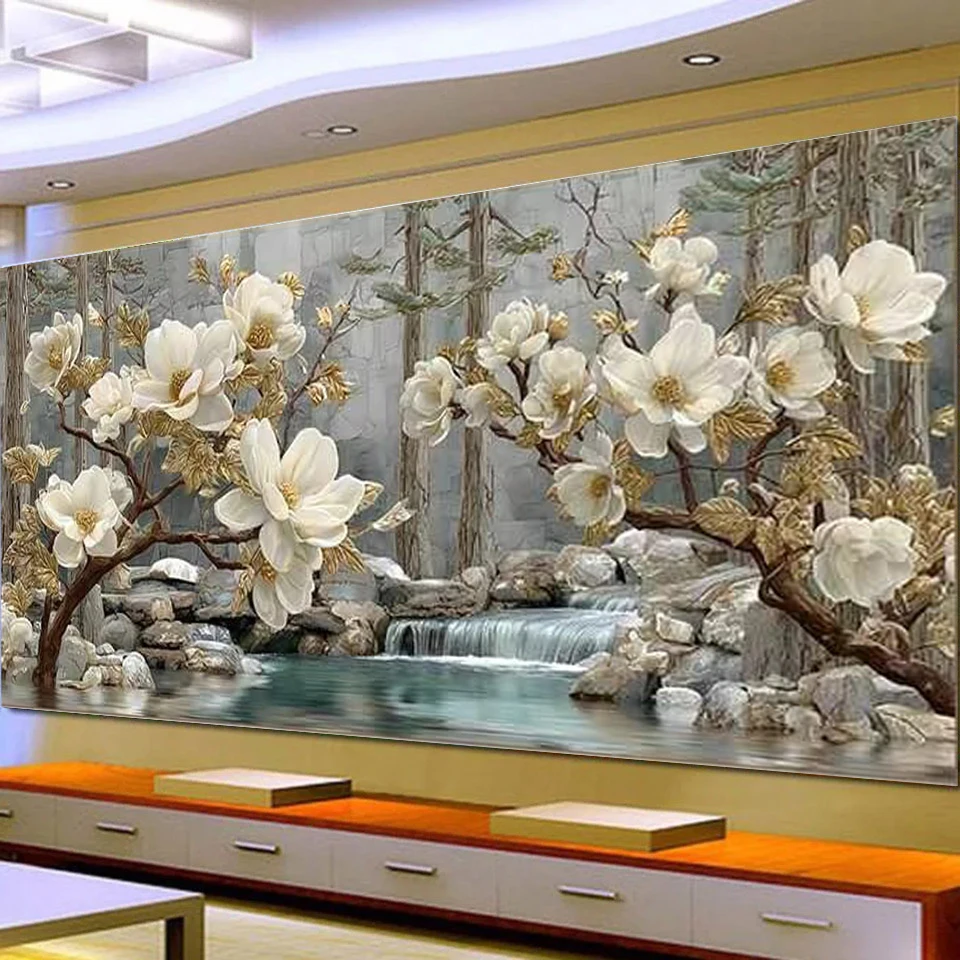 Large Size White Magnolia Flowers with Golden Leaves Diy Diamond Painting Diamond Art Embroidery Full Drill Mosaic Decor orchid
