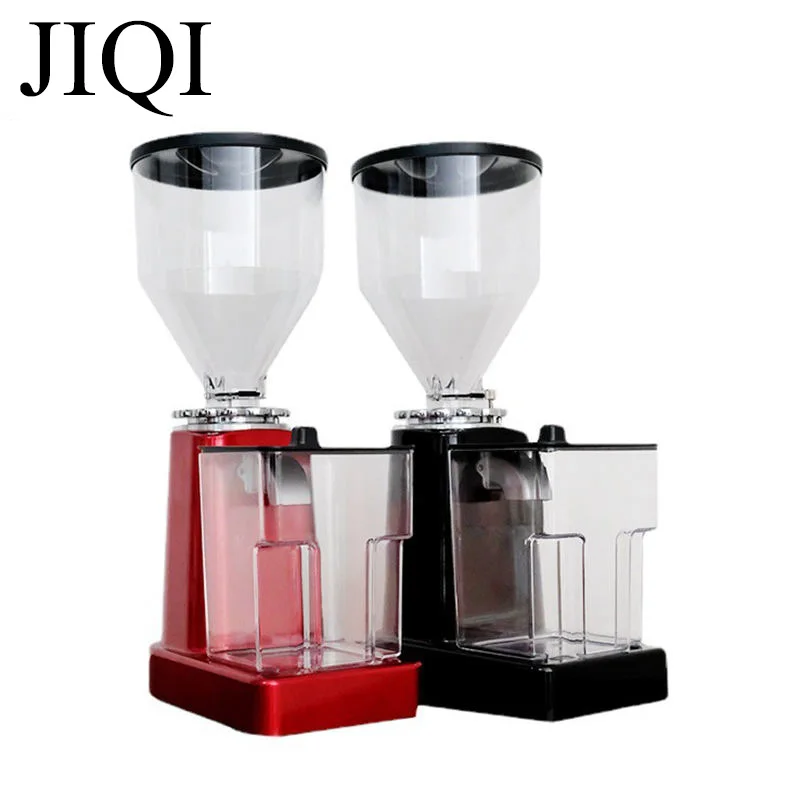 JIQI Electric Coffee Bean Grinder Thickness Adjustable 500g Capacity stianless steel Sieve Filter Plastic Powder Tank 110V/220V