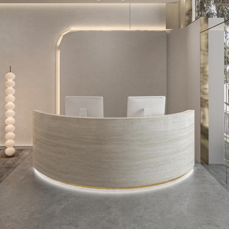 Beauty salon Clothing shop Company hand drawn checkout page information Modern curved limestone front desk