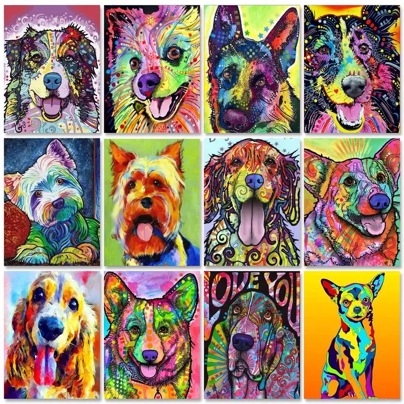 GATYZTORY Colorful Dog Abstract Painting by Numbers Handmade Acrylic Paint Decorative Paintings for Adults Kill Time with Frame