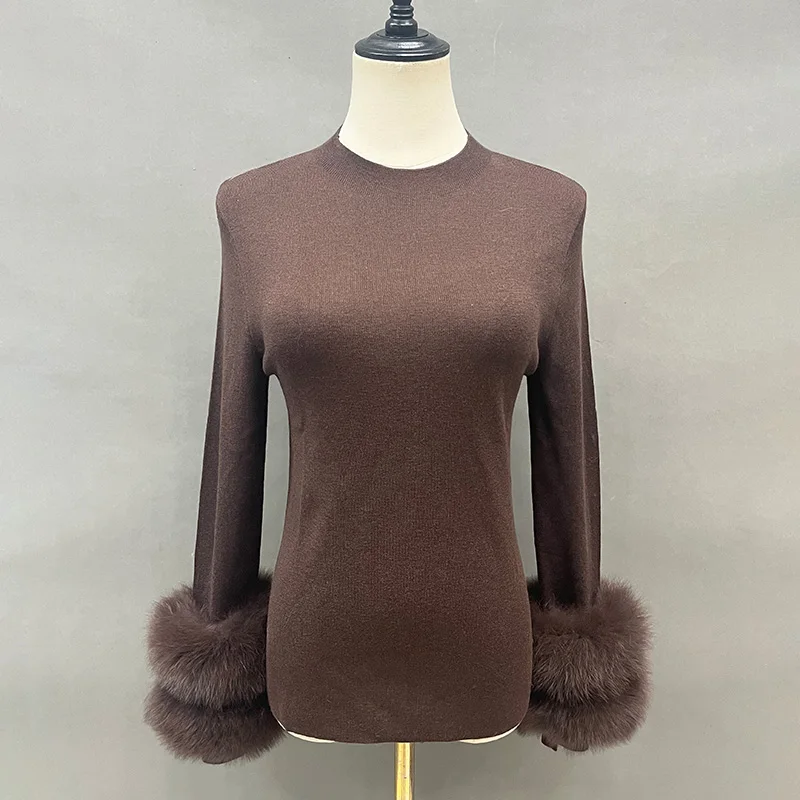 Lady Winter Sweater High Elastic With Fox Fur Cuff Women Clothing Detachable Cuff Pullover S5820