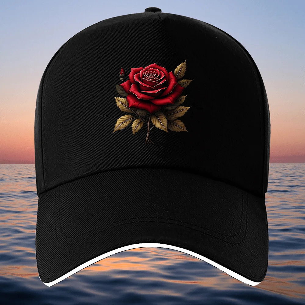 

Черная бейсболка с цветочным принтом красной розы, регулируемая полиэстеровая уличная спортивная унисекс, повседневный головной убор