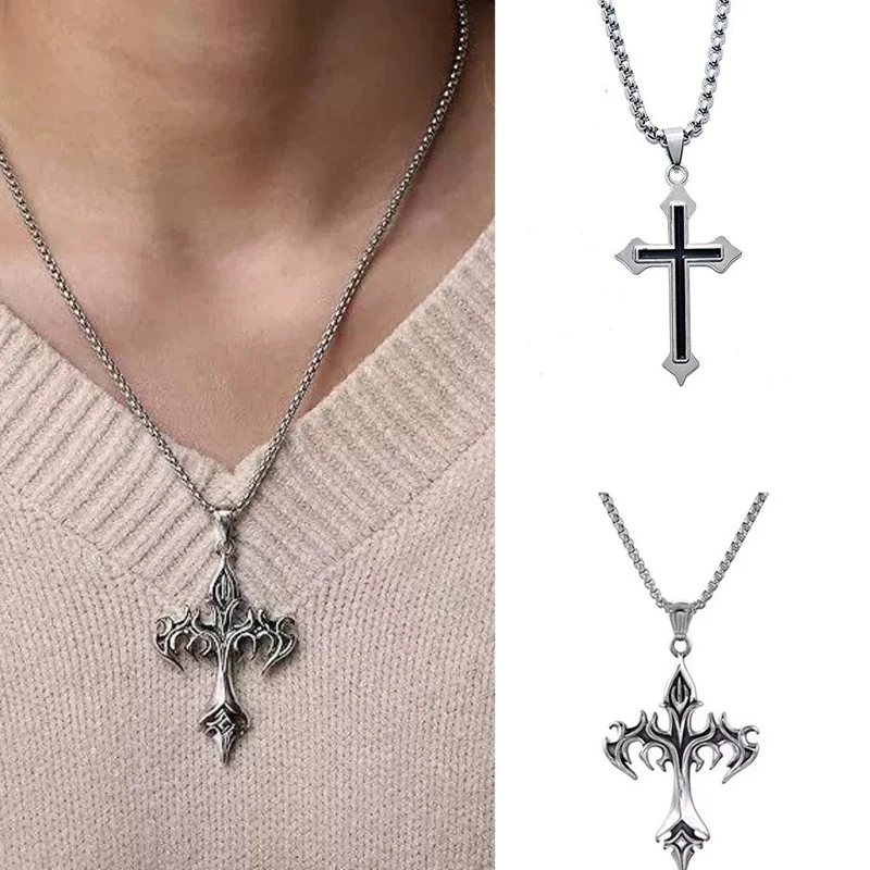 Cross Pendant Necklace Retro Punk Flame Cross Necklace For Men And Women Jewelry Gift
