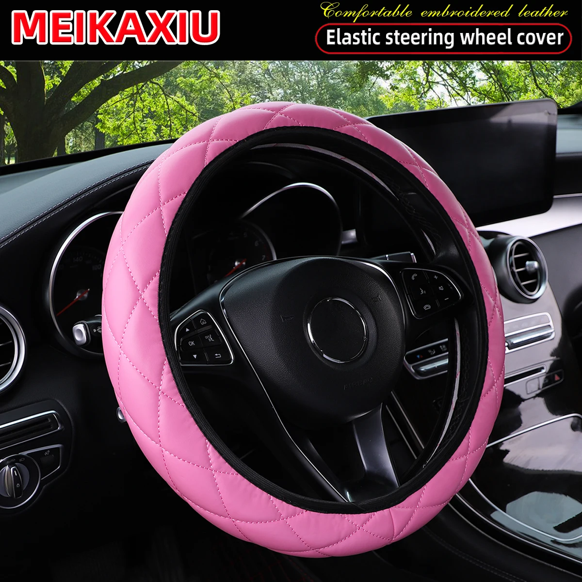 A comfortable fine grain soft PU sheepskin embroidered elastic car steering wheel cover for 14.5-15 inch car interiors