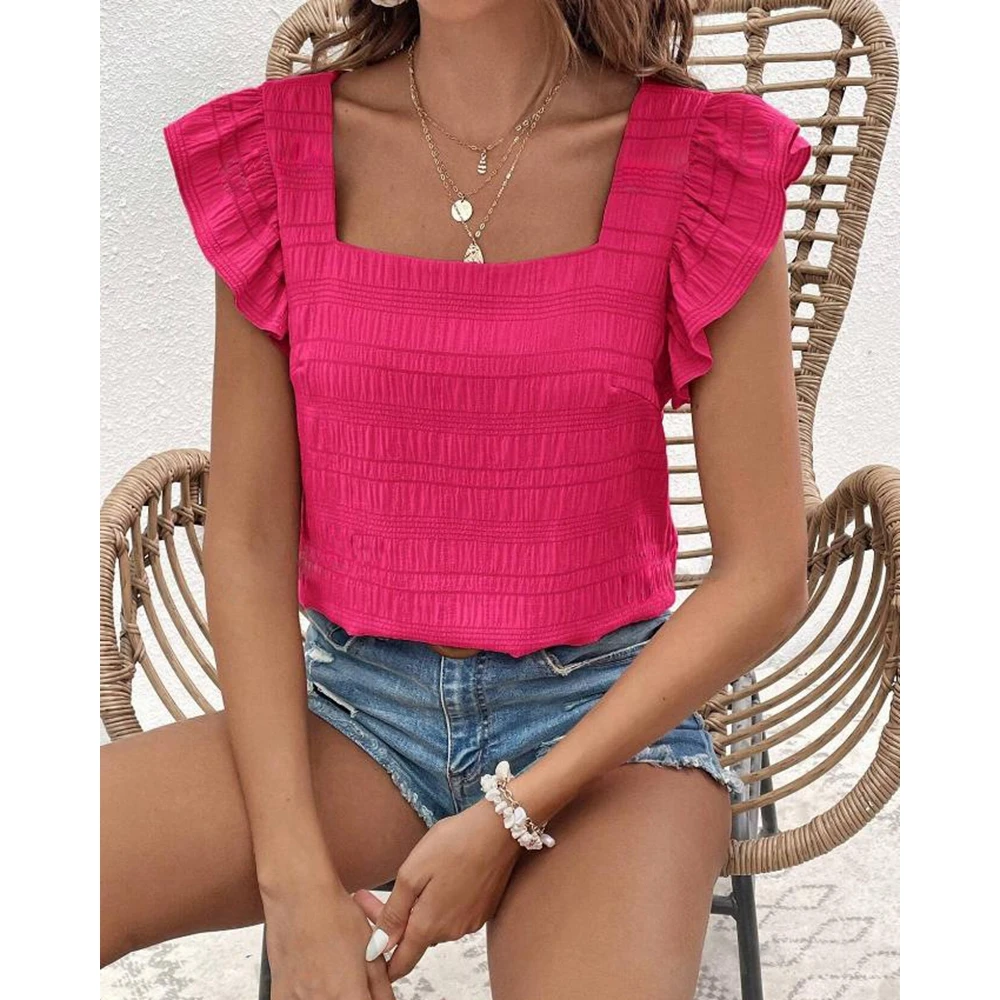 2024 Women's Square Neck Sleeveless Blouse Ruched Ruffles Casual Ribbed Shirts Fashion Summer Basic Top Streetwear