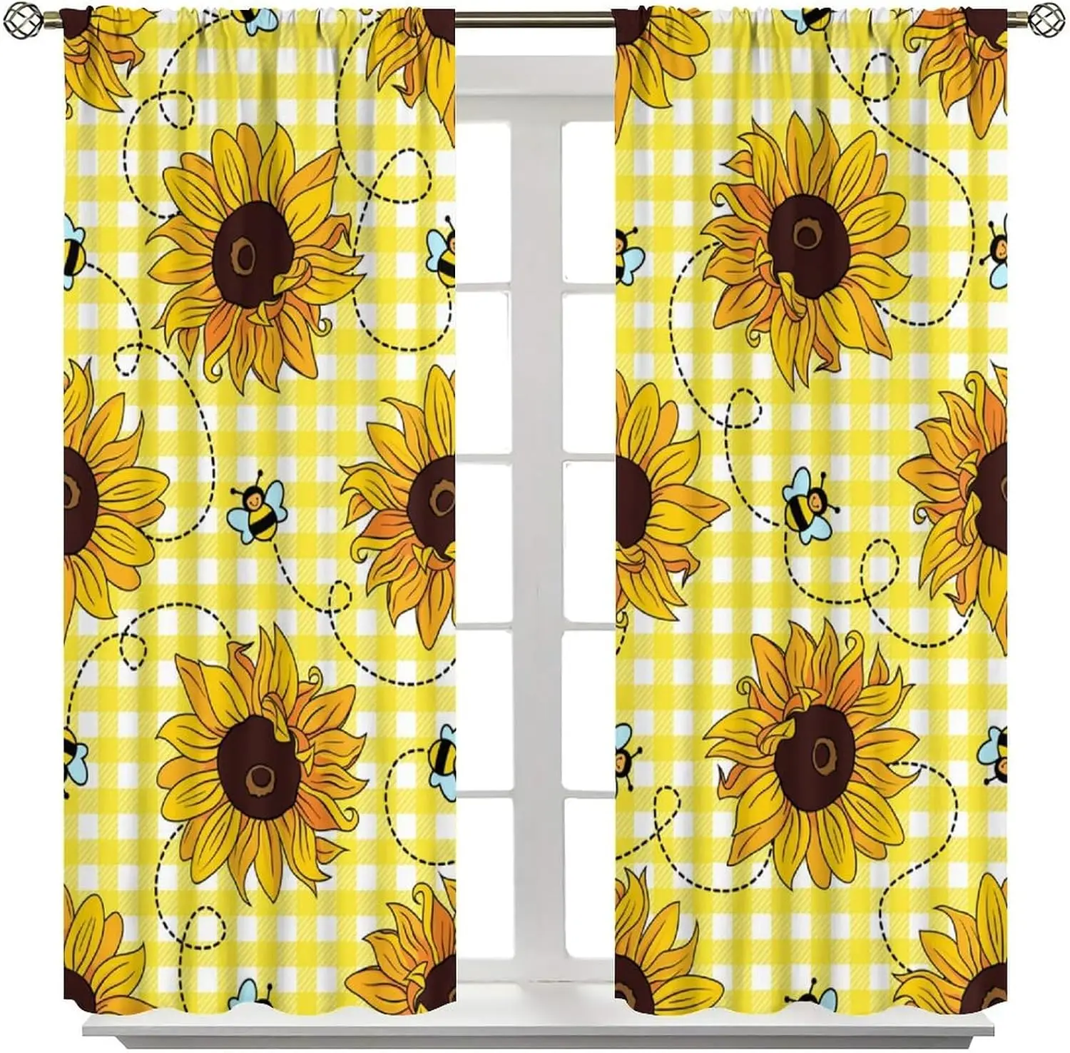Decorative Yellow Sunflower Pattern Curtains Plaid Chequered Window Drapes 2pcs Pair Bright Spring Summer Home Decor