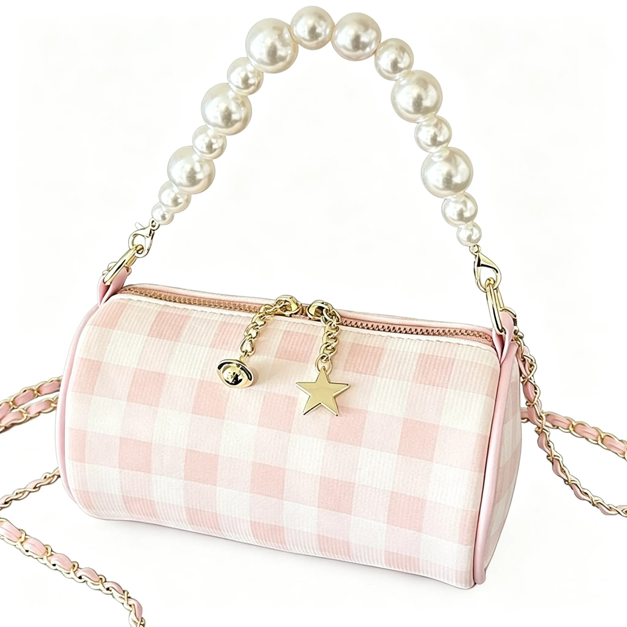 Blue Green Pink Gray Gingham Plaid Checkered Cylinder Bag PU Leather Pearl Handle Chain Crossbody Shoulder Handbag Women Girl