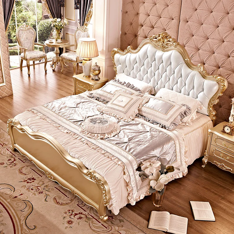 wood bed European double 1.8m genuine leather wedding bed Luxury French carved king bed Master bedroom Champagne gold furniture