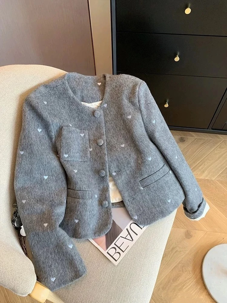 

Женское стеганое твидовое верхнее пальто Ele ey с вышивкой в форме сердца, осень-зима, элитное женственное твидовое верхнее пальто