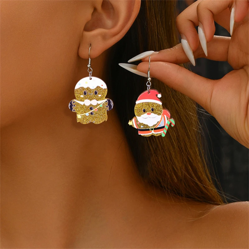 Christmas Gingerbread Man Santa Claus Asymmetrical Dangle Earring for Women Cute Xmas Hat Dog Kitten Acrylic Earrings Jewelry