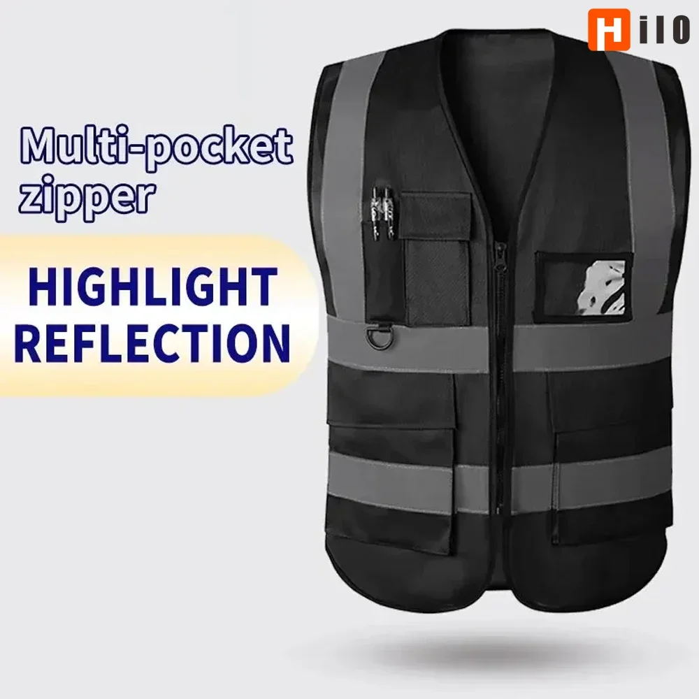 Hilo Rompi Reflektif Hitam Rompi Reflektif Rompi Berkendara Lalu Lintas Overall Ritsleting Multi Saku