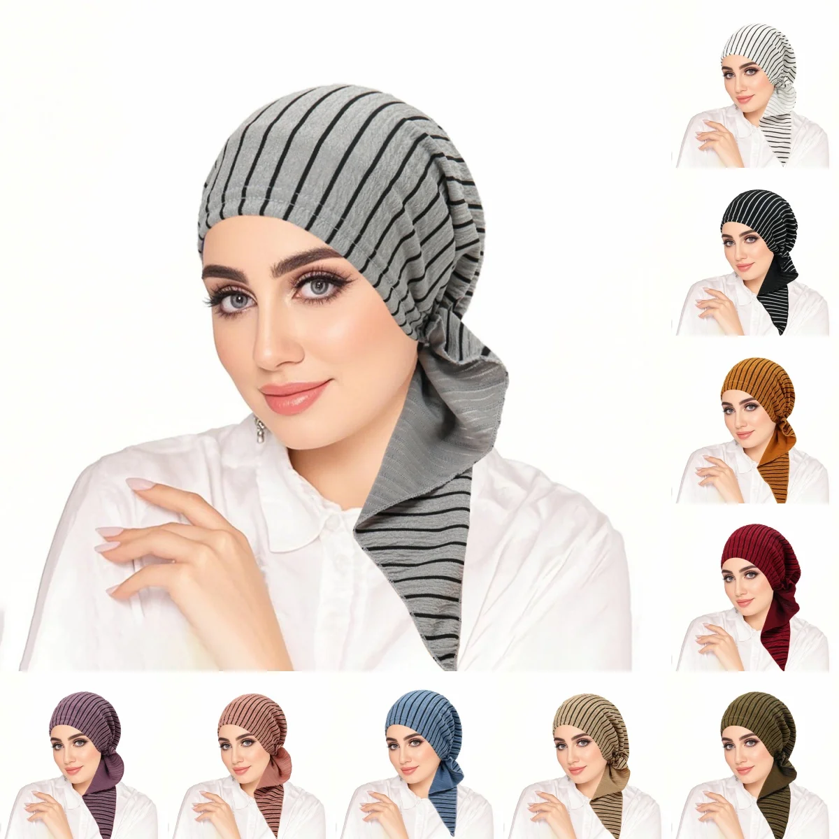 Women's Pre-Tied Stripe Hijab Turban Instant Chemo Cap Long Tail Headscarf Bonnet Hair Loss Head Wrap Headband Bandanas