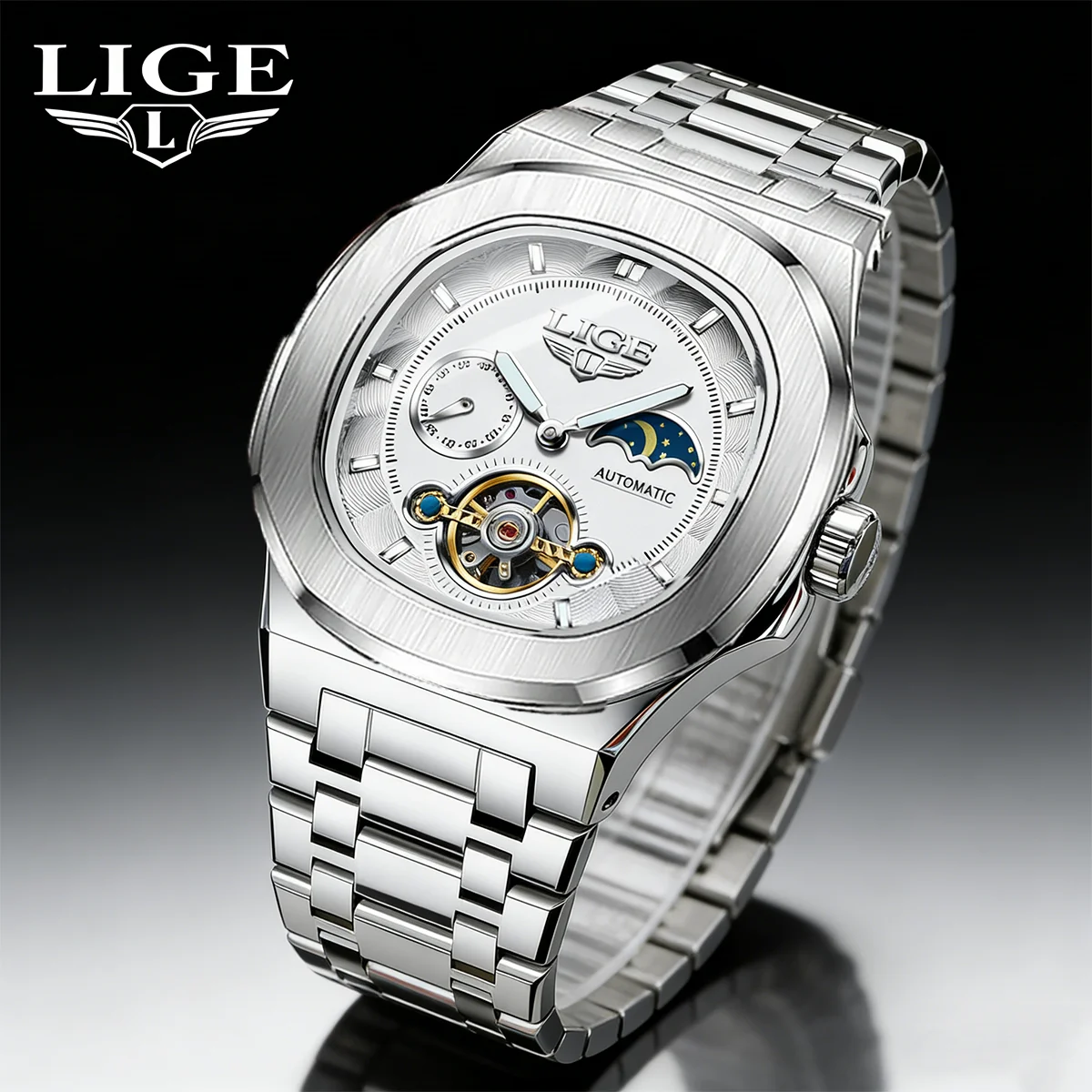 

Мужские механические часы LIGE, лучшие брендовые роскошные квадратные автоматические часы для мужчин, водонепроницаемые, из нержавеющей стали, подарок, Montre Homme