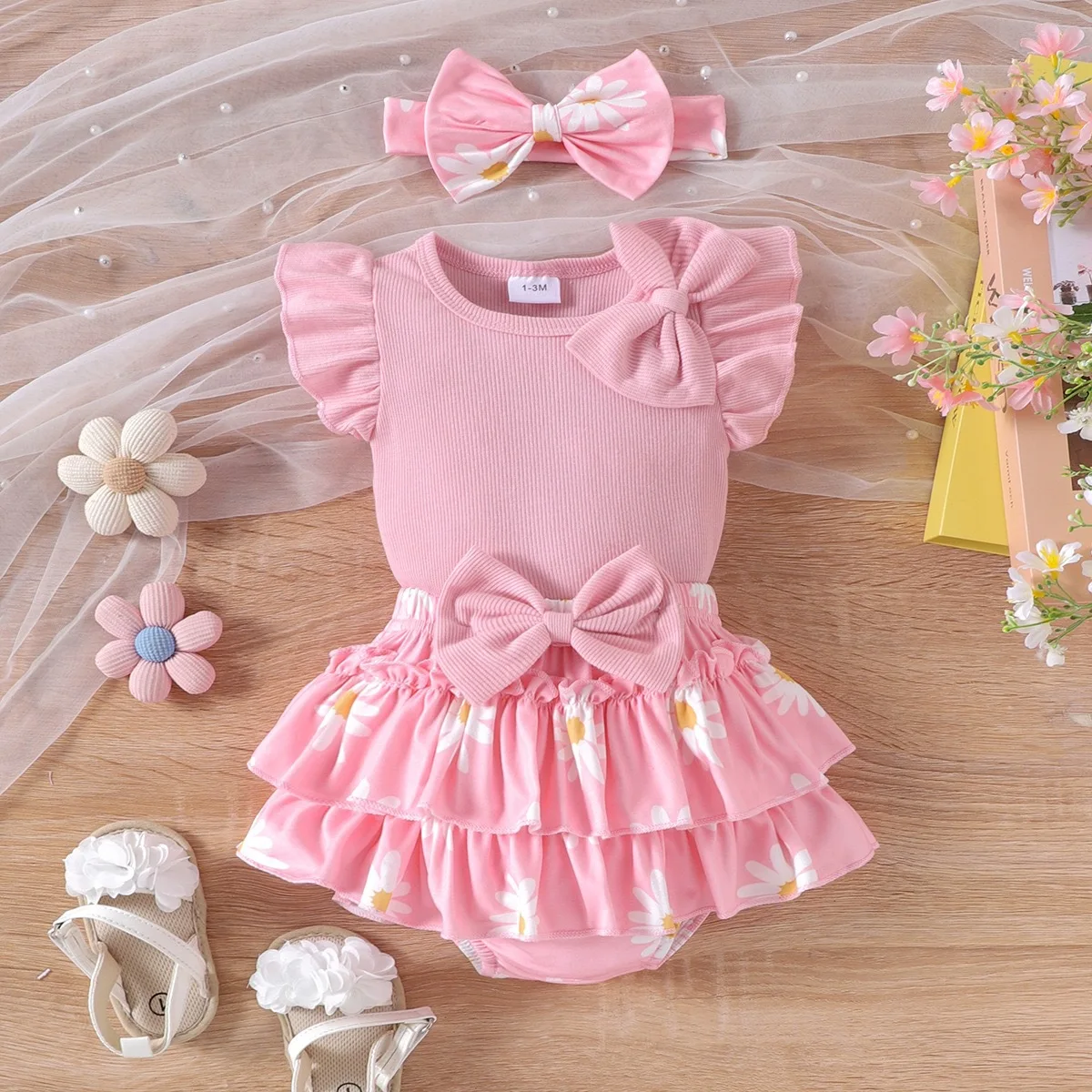 2026 Summer Butterfly Bow Bodysuit Two-Piece Floral Dress Set Pink Short Sleeve Romper for Baby Girls