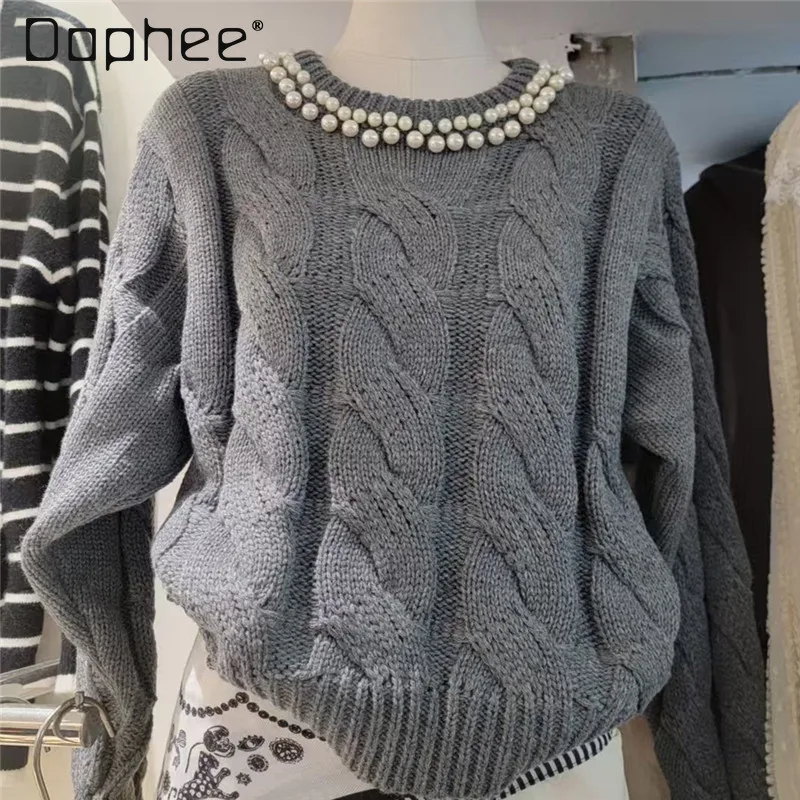 

Autumn Winter New Heavy Craft Round Neck Beaded Loose Pullover Solid Color Versatile Fashion Short Knitted Sweater Warm Sweaters