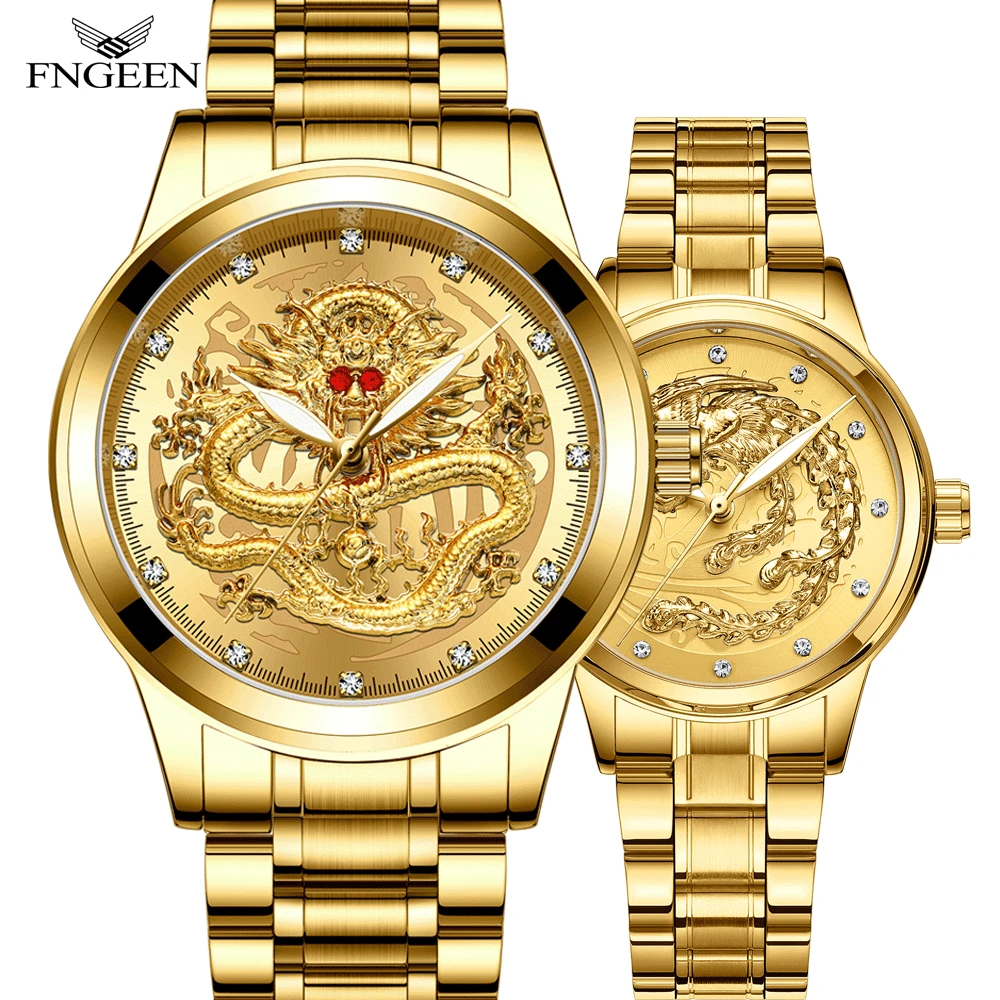 

FNGEEN Couple Luxury Full Gold Clock Big Dial Dragon Phoenix Waterproof Men Women Luminous Calendar Date Round Quartz Watches