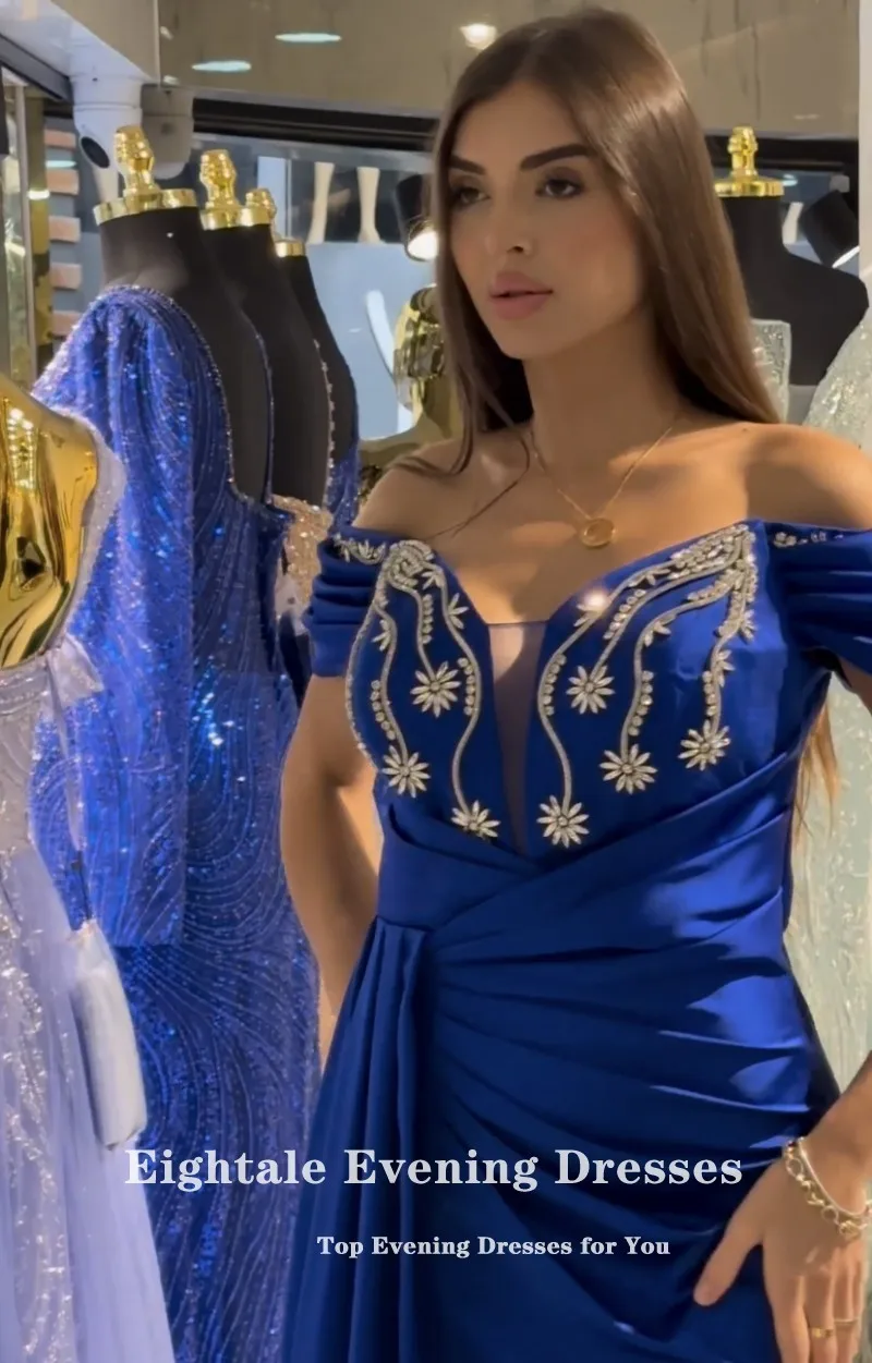 Eightale Royal Blue Evening Dresses Sweetheart Beaded Off the Shoulder Arabic Mermaid Prom Party Gown Wedding Vestidos De Gala