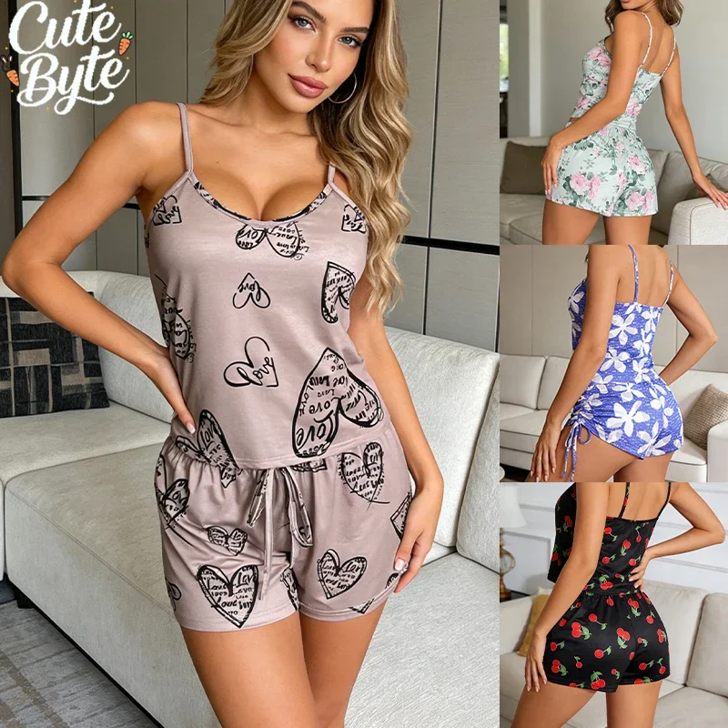 

Women Sexy Pajama Ladies Satin Pajama Print Round Neck Ice Silk Top T-Shirt and Shorts Sets Breathable Comfortable Home Wear New