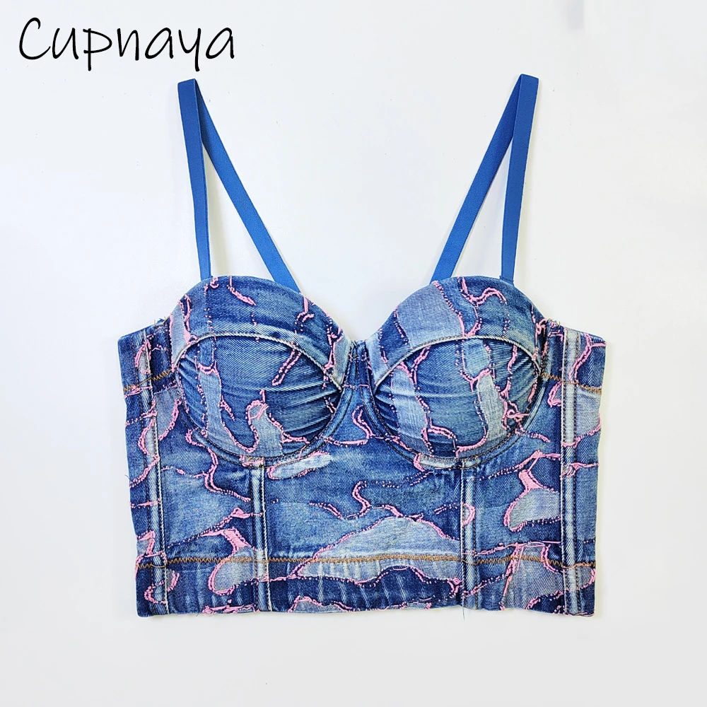 Cupnaya Retro Women Blue Distressed Denim Waist Short Corset Removable Strap Padded Sexy Tube Bustier Cowgirl Wild Crop Top Vest