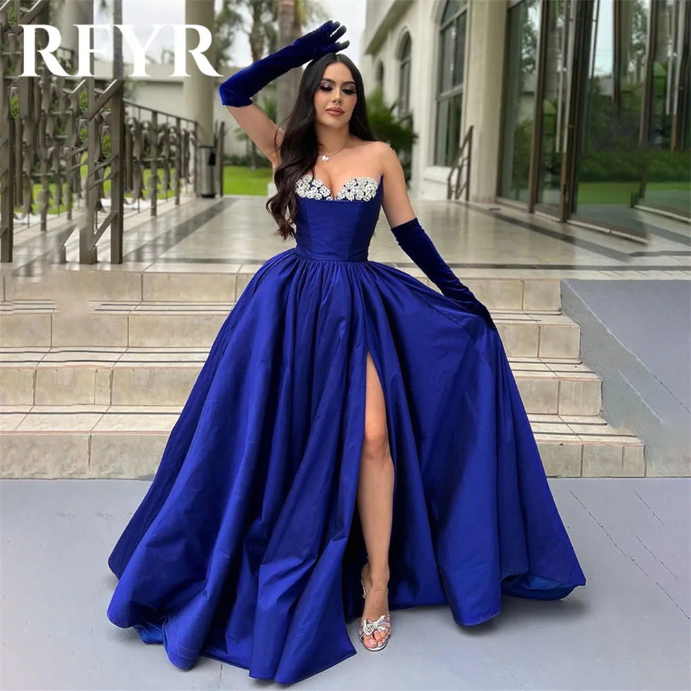 RFYR Dubai Blue Sweetheart Evening Dress with Pleat Satin A-line Prom Dress Off the Shoulder Splits Formal Party Gown Customized