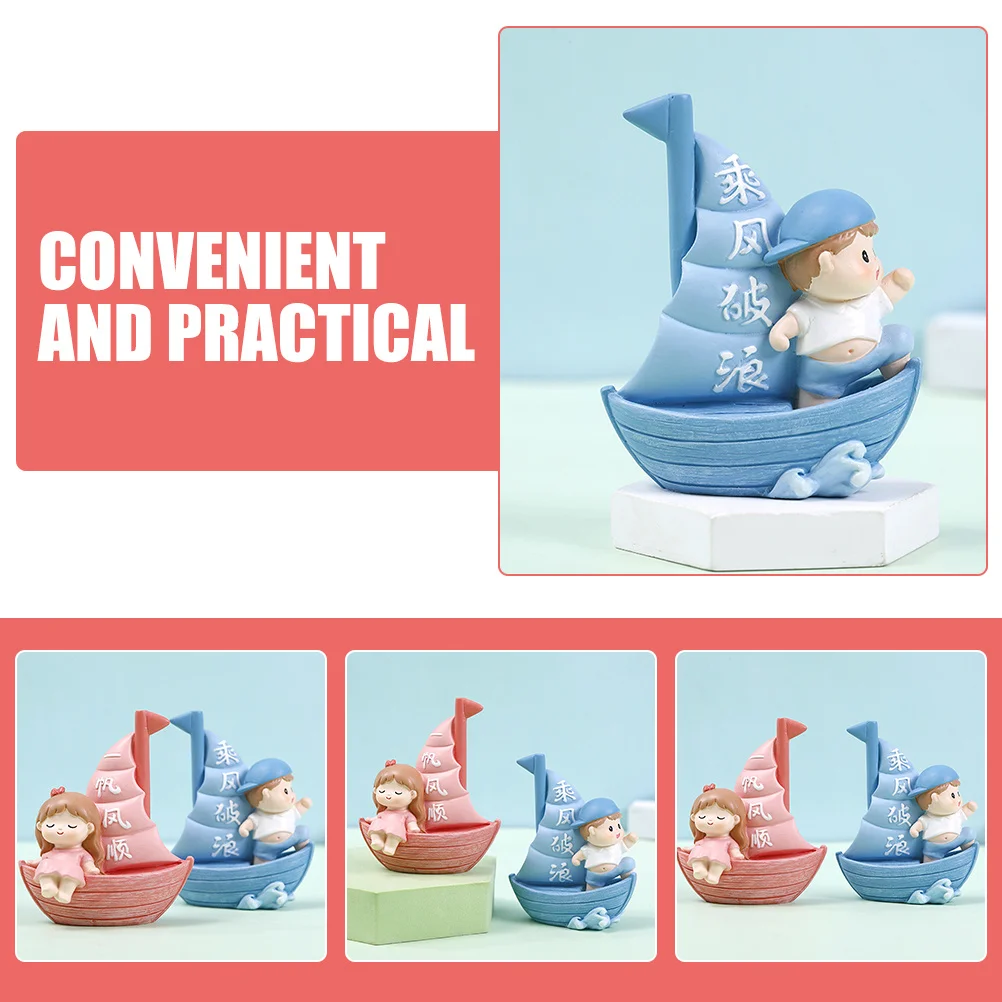 

2Pcs Sailboat Cake Toppers Cartoon Boy Girl Figurines Mini Decorative Cake Decorations Wedding Party Resin Sailboat