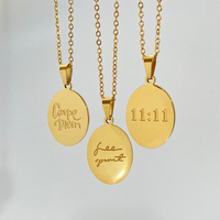Stainless Steel Engraved Inspired Letter Oval Pendant Necklace For Women Gold Plated Lucky 11:11 Free Spirit Words Necklace