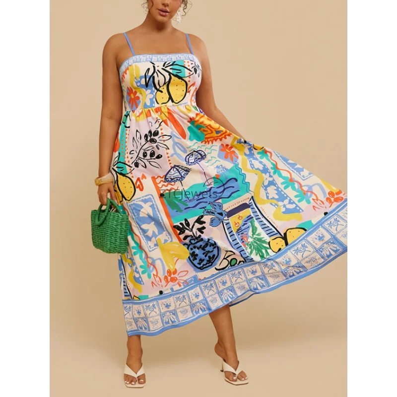 

Carnival Party Cosplay Seaside Vacation Style Dress with Printed Suspender Long Skirt Slim Fit and Slimming Beach Dress Summer